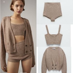 Zara 3 pieces soft knit cardigan/ top/ short set